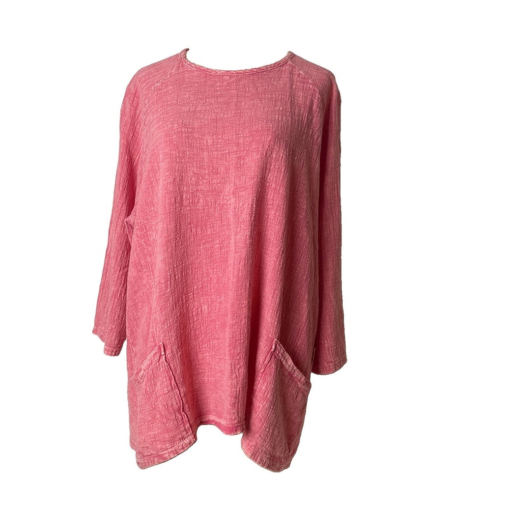 Jess & Jane Pink Textured Gauze Boho Top Size XL Cotton Shirt pockets